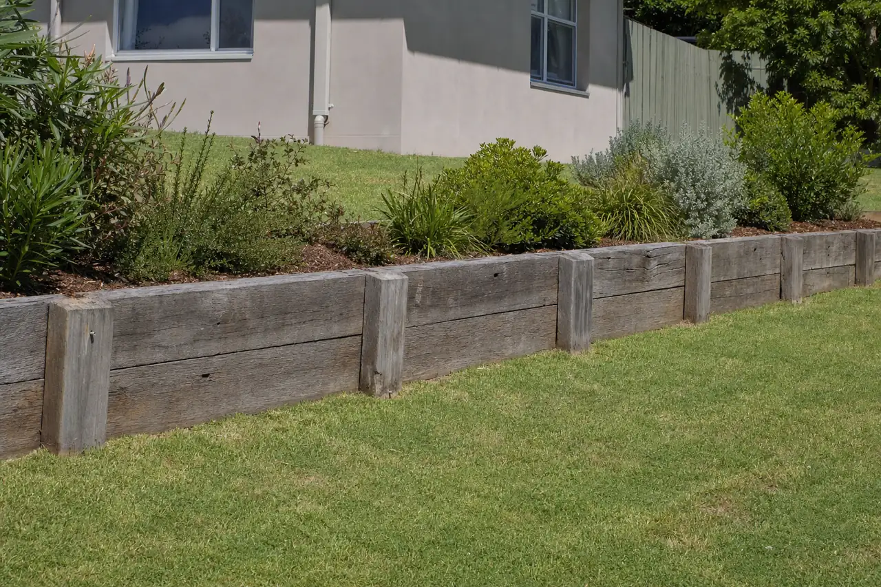 A finished timber sleeper retaining wall along a sloping backyard, with a garden bed planted above it — timber sleeper retaining wall, Gosford and the Central Coast. Illustrative example.