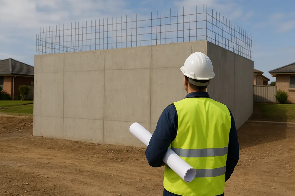 A person in a high-visibility vest and hard hat, seen from behind, holding rolled plans and facing a tall concrete wall with reinforcing bars standing above its top — retaining walls, Gosford and the Central Coast. Illustrative example.