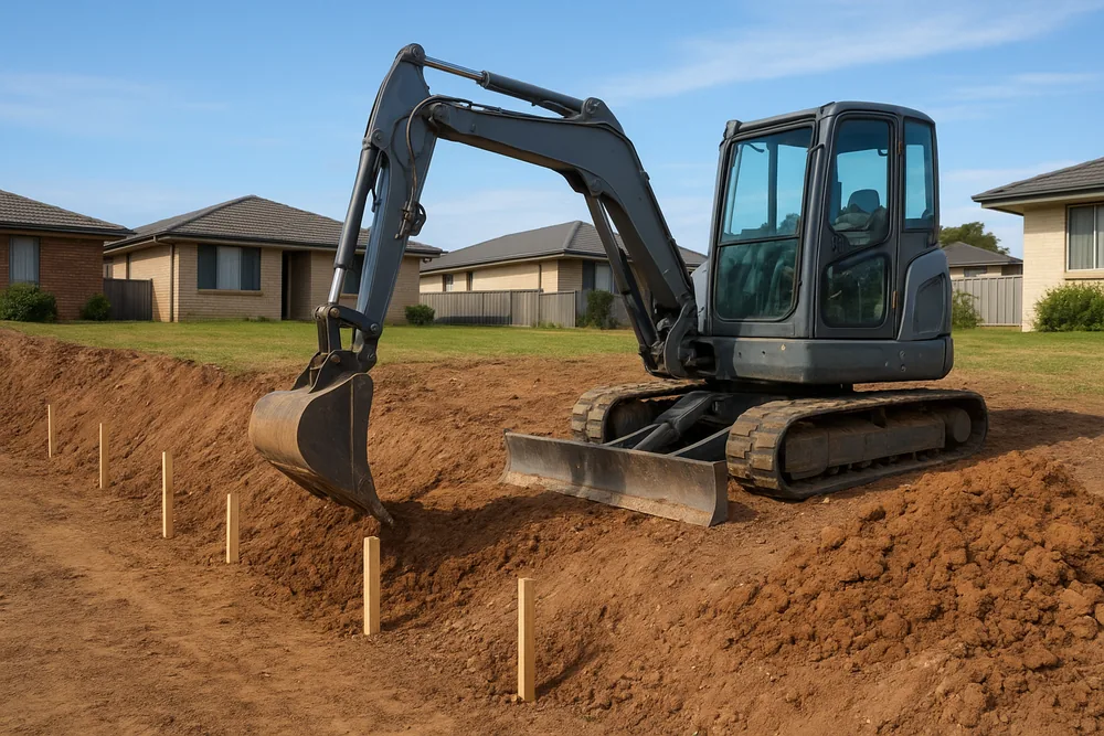 A grey excavator cutting a bench into a sloping bare-earth block, with plain survey pegs along the cut — concrete sleeper retaining wall, Gosford and the Central Coast. Illustrative example.