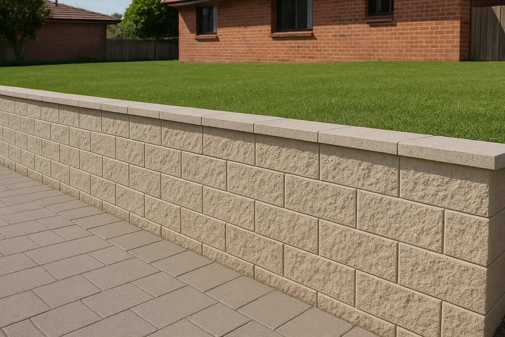 A finished rendered masonry block retaining wall with a level lawn above it and a paved path below — block and masonry retaining wall, Gosford and the Central Coast. Illustrative example.