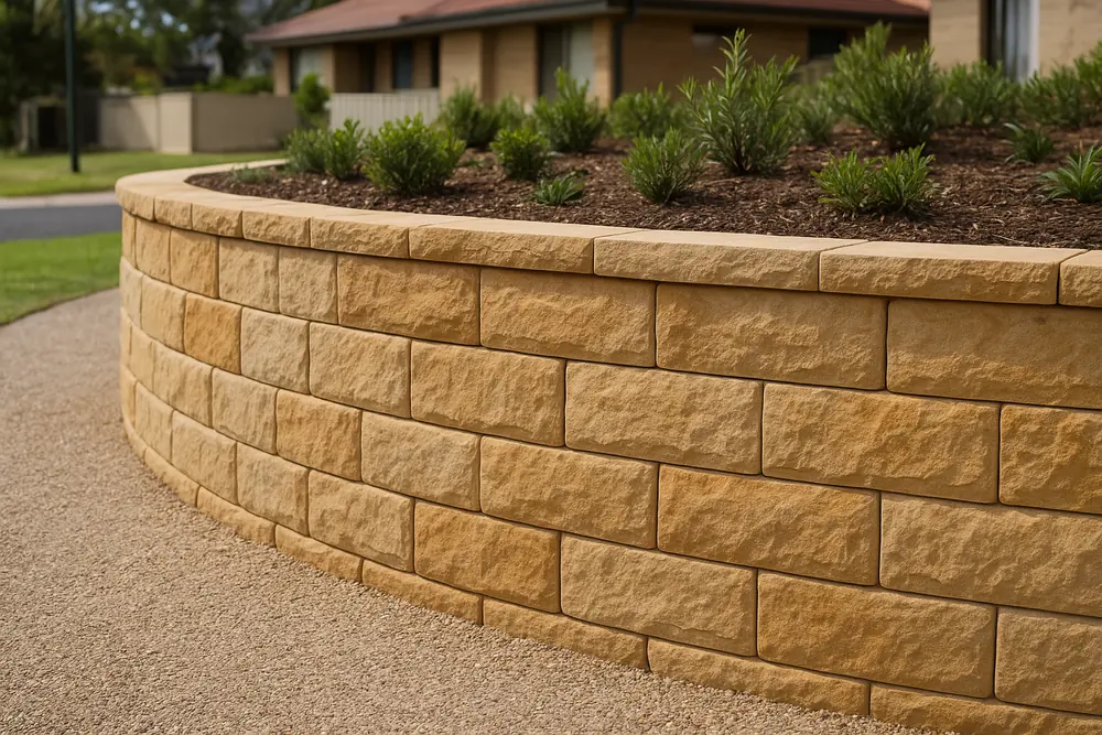 A finished sandstone block retaining wall with a natural stone texture beside a gravel path — sandstone retaining wall, Gosford and the Central Coast. Illustrative example.