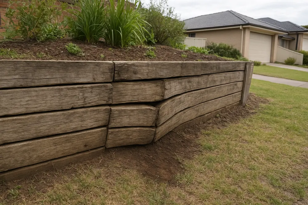 A weathered timber sleeper retaining wall with bowed, stepped sleepers and soil spilling onto the lawn at its foot — retaining wall replacement, Gosford and the Central Coast. Illustrative example.