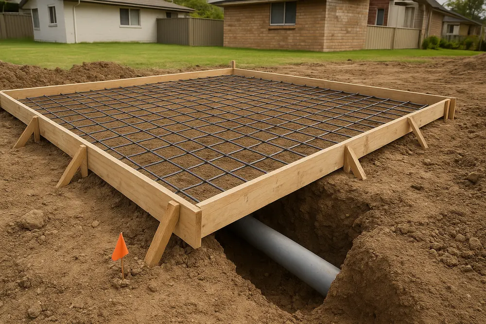 Formwork and reinforcing mesh for a concrete slab straddling a trench with a buried grey pipe, before any wall is built — block and masonry retaining wall, Gosford and the Central Coast. Illustrative example.