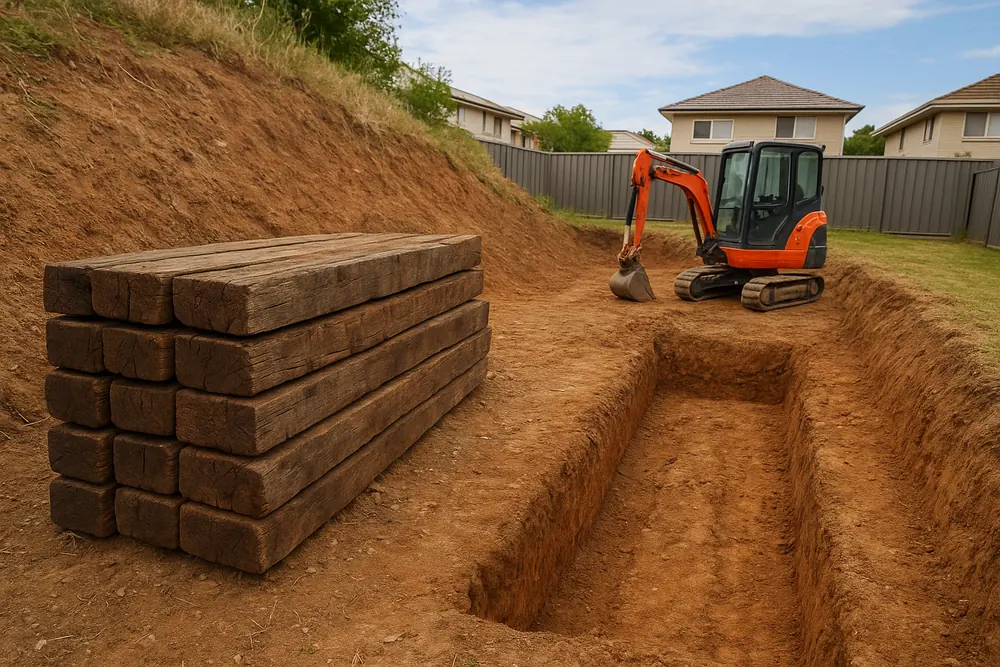 Old timber sleepers stacked in a pile beside an open footing trench at the foot of a bare soil slope, with an orange mini excavator behind — retaining wall replacement, Gosford and the Central Coast. Illustrative example.