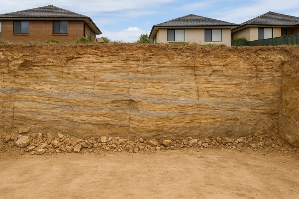 An exposed sandstone rock face in a freshly cut batter, with bare levelled ground in front — sandstone retaining wall, Gosford and the Central Coast. Illustrative example.