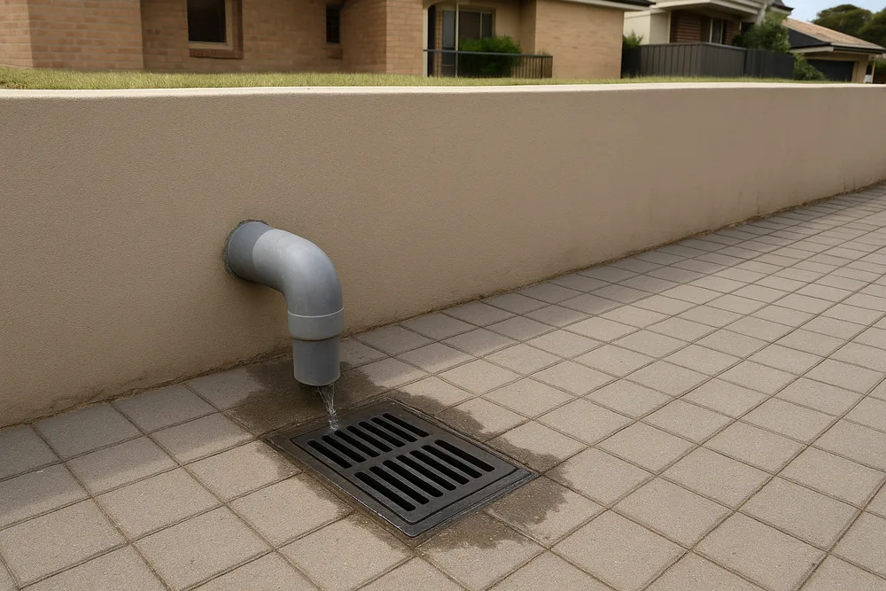 A grey drainage pipe coming out of a rendered retaining wall and dripping onto a grated drain pit set in paving — retaining wall drainage, Gosford and the Central Coast. Illustrative example.