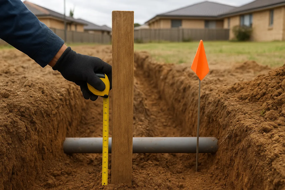A gloved hand holding a tape measure against a timber wall post in an open trench beside a buried grey pipe marked with a flag — timber sleeper retaining wall, Gosford and the Central Coast. Illustrative example.